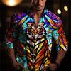 New Men's Geometric Color Block Splicing Button Shirt Long Sleeve Retro Outdoor Casual Printed Collar Shirt