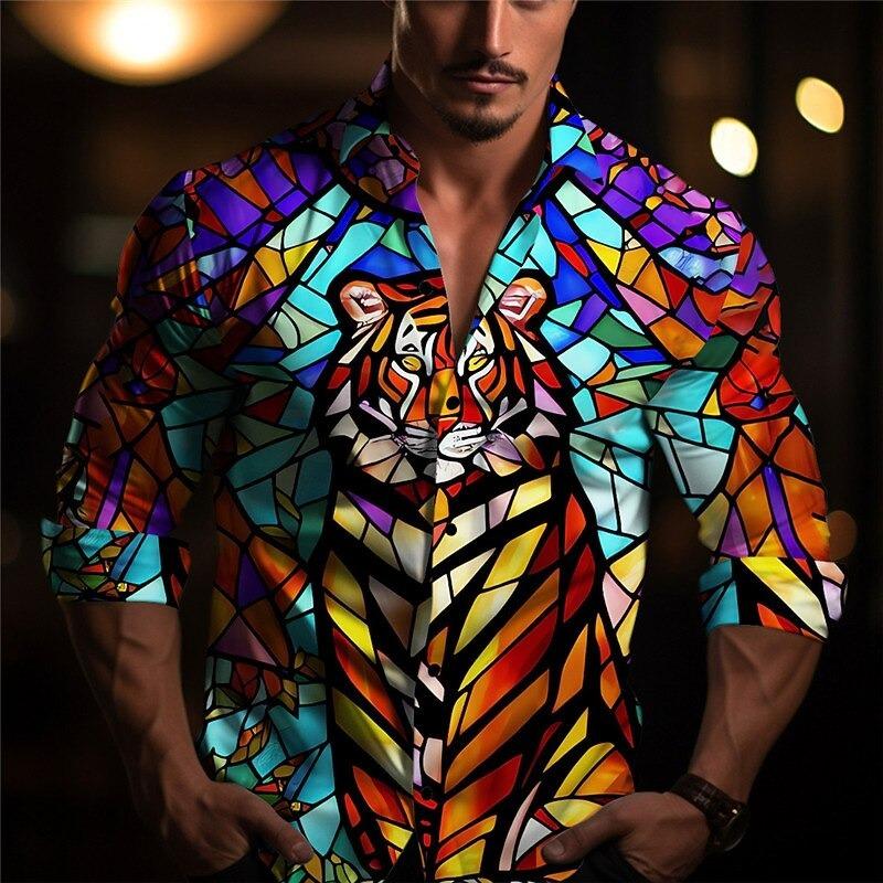 New Men's Geometric Color Block Splicing Button Shirt Long Sleeve Retro Outdoor Casual Printed Collar Shirt