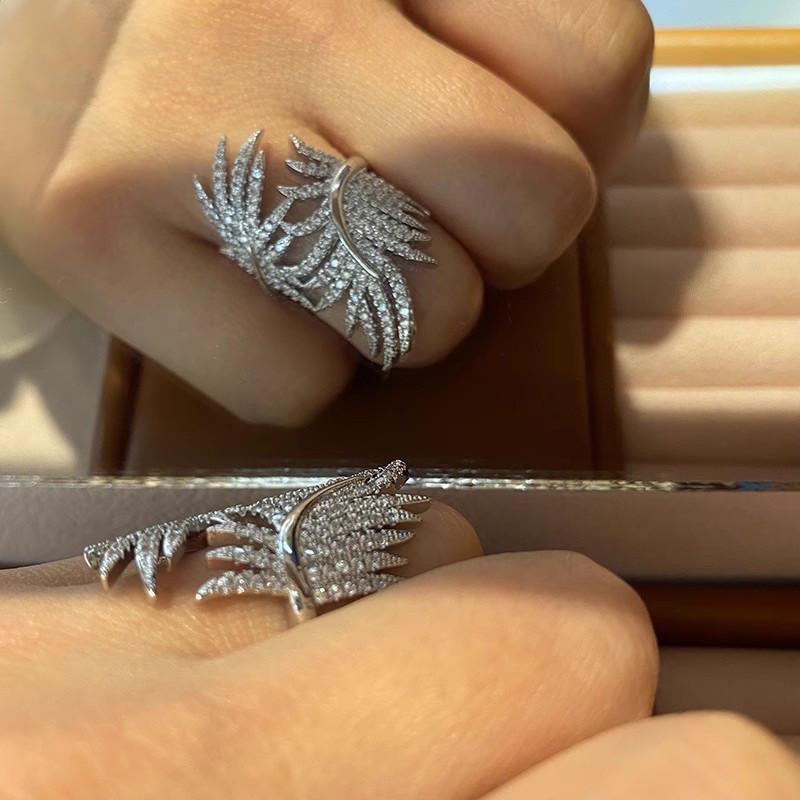 Aesthetic Feather Design Finger Ring for Women Luxury Full CZ Wedding Party Statement Female Rings  Sterling  Jewelry