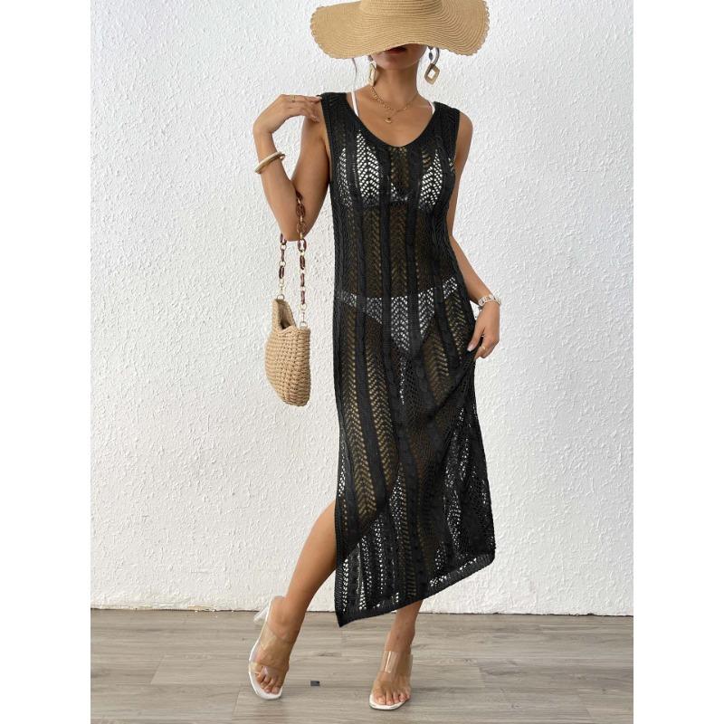 Women's Holiday Beach Dress Hollow Woven Vest Sexy Slit Long Dress