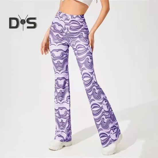 Women Yoga Pants High Waist Water Wave Striped Print Casual Trousers Running Cycling Flared Leggings Loungewear