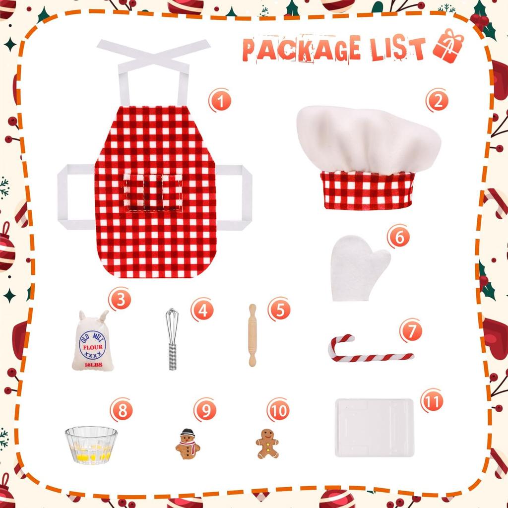 Mini Apron Clothing for Doll Christmas Elf Doll Baker Set Elf Chef Clothing Dress up Accessories Including Chef Hat,Rolling Pin,Egg Beater,Baking