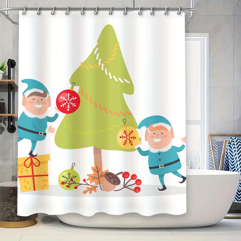 Tu Festive Holiday Shower Curtain Christmas Trees Snowflakes Reindeer Pattern Waterproof Decor Bathroom Set Modern Style Home Te