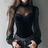 Women's Corset Mesh Top Sweetheart Neck Sheer Long Sleeve Lace Look Slim Going Out Blouse