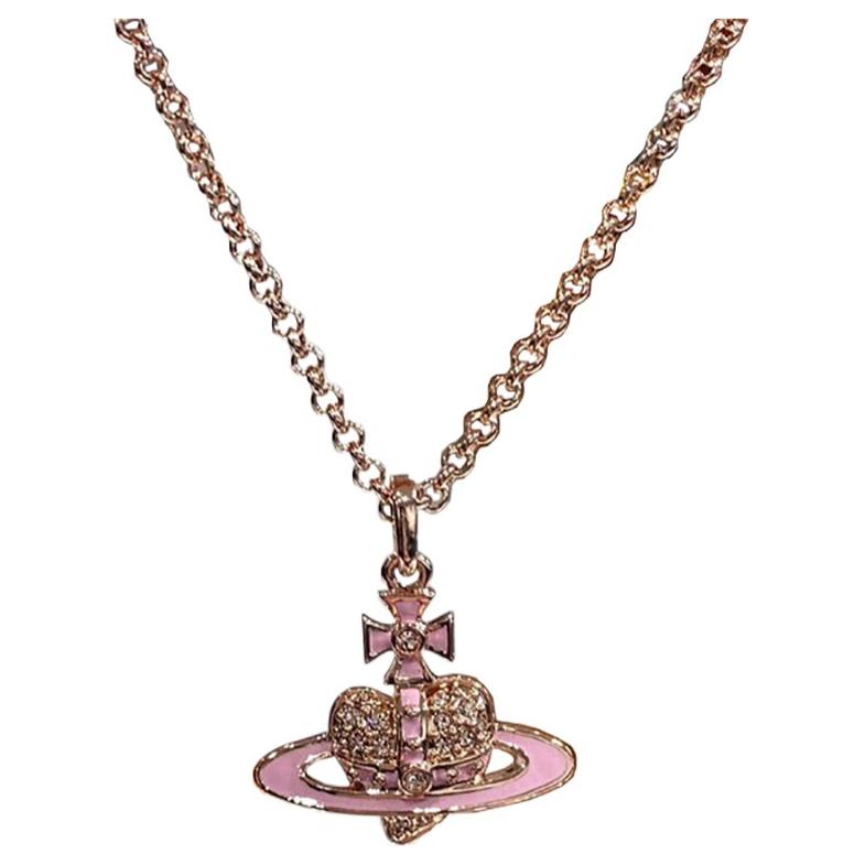 Vivienne Westwood Reverse Heart Porcelain Glaze Diamond Saturn Design Metal Necklace Unisex necklace Rose-Pink Rose-Gold 6302039O02G433CN Basic Packaging-Dust Bag+Box