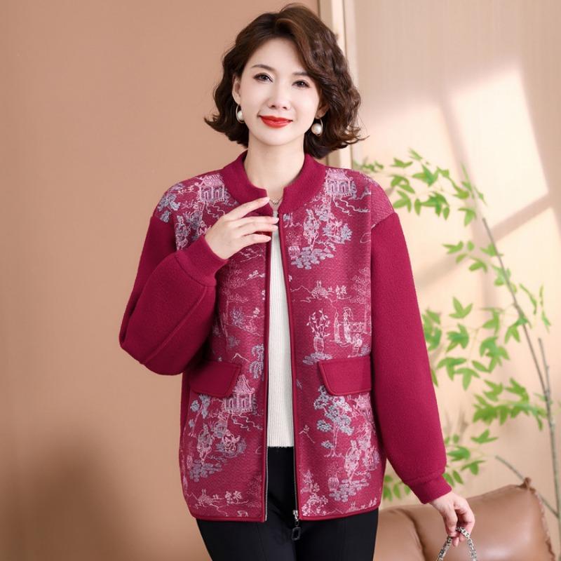 New middle-aged and old women's clothing with clothes printed large-size jacket, middle-aged mother autumn and winter knitted jacket