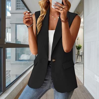 Women Blazer Waistcoat Lapel Single Button Sleeveless Formal Business OF Commute Straight Patch Pockets Solid Color Mid Length Lady Suit Coat