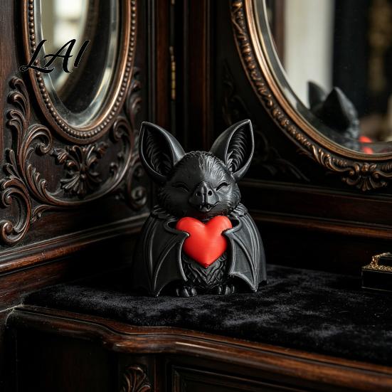 Bat Decoration Cute Red Heart 3D Printed Halloween Novelty Tabletop Sculpture for Spooky Desktop Ornament Party Haunted House Holiday Decor