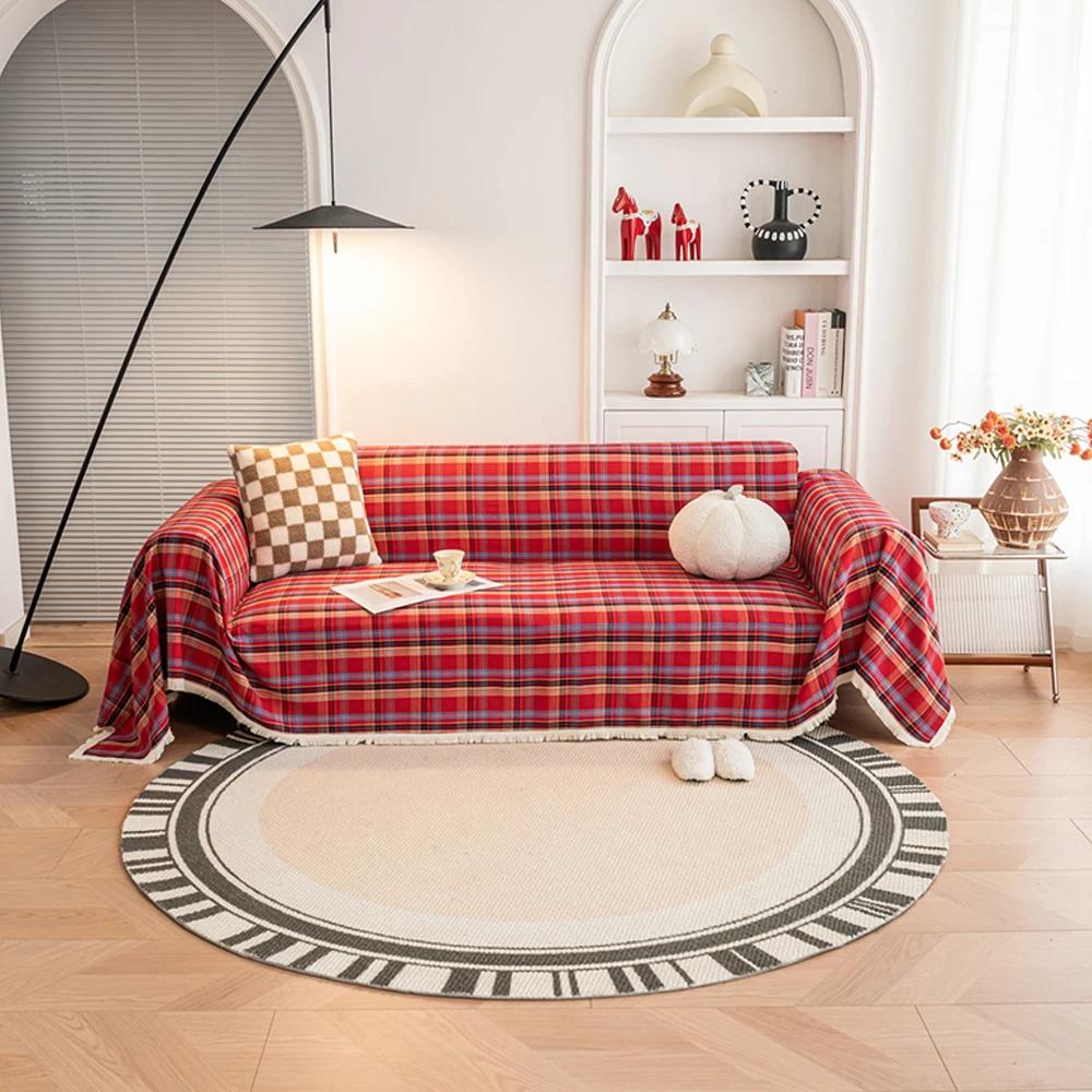 

Рождественский декор, чехол для дивана, полотенце, винтажный, красный, зеленый, клетчатый, многофункциональный, с кисточками, чехол для полотенца, подушка для сидения на диване 3-х местный 140x180cm