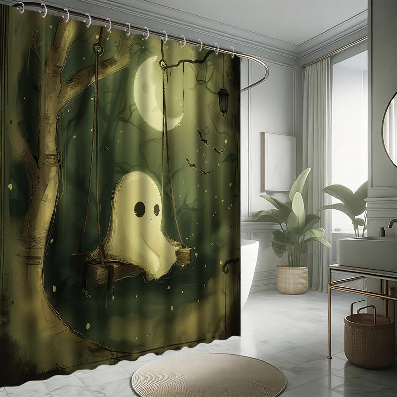 Halloween Söt Spökduschdraperi Set, Svingande Litet Spöke, Vattentät Polyester, Badkarsavdelare, Modern Badrumsdekoration