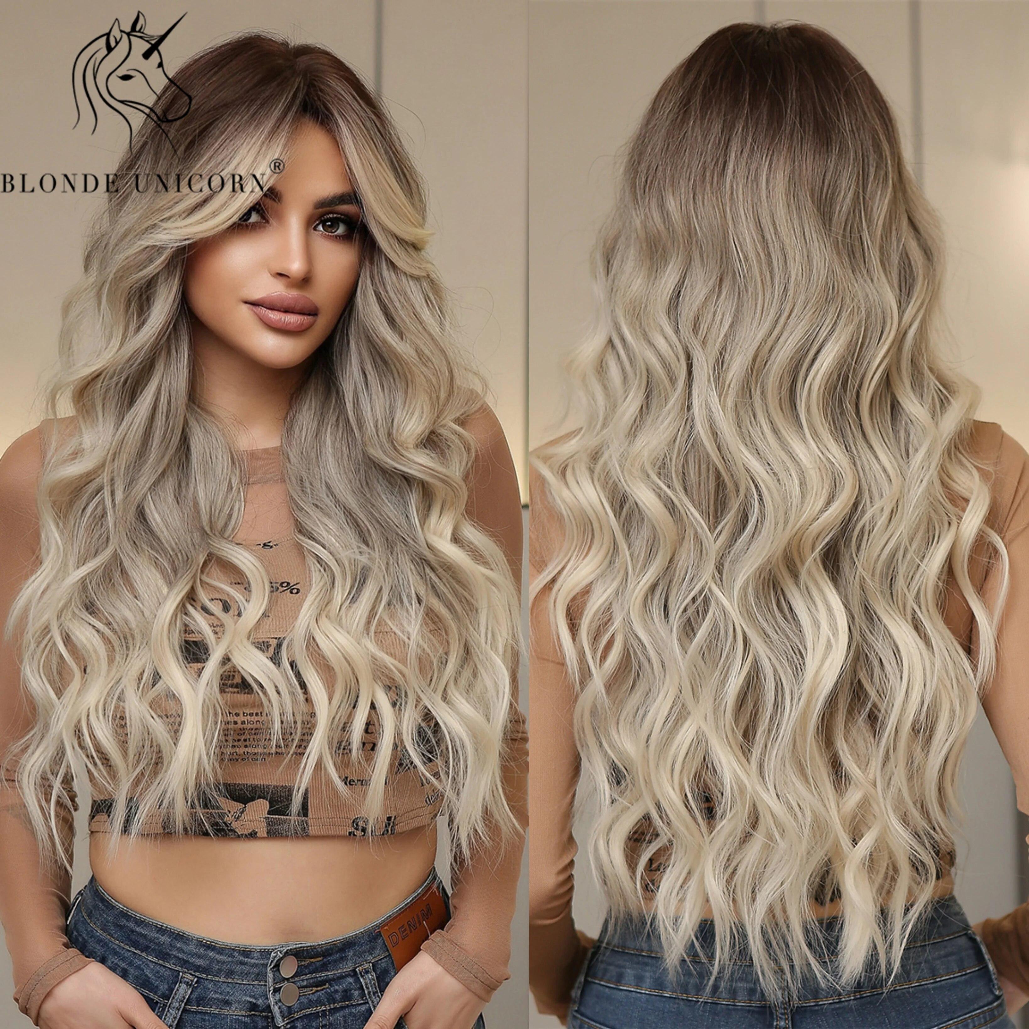 

Блондинка-единорог, длинный парик с омбре, красный, оранжевый, синтетические волнистые парики с челкой, косплей, парики для повседневного использования для женщин, термостойкое волокно