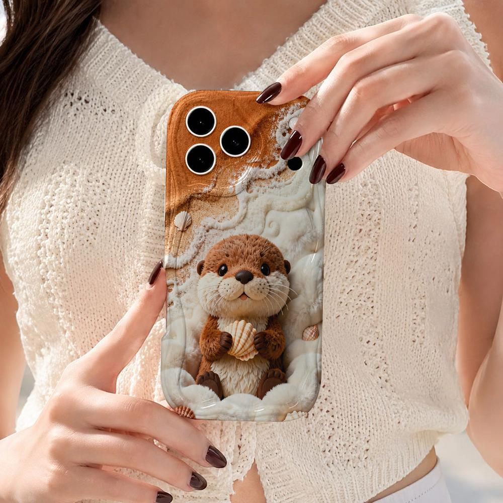 Fluffy Otter Beach Shell Wavy Edge Phone Case For iPhone 17 16 15 14 13 12 11 8 7 Plus Pro Max Cute Animal Soft Cover