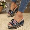 Fashion Bohemia Flower Fabric Strap Wedge Heel Sandals Women Summer Round Toe Super High Heel Slides Casual Hemp Sole Beach Slippers
