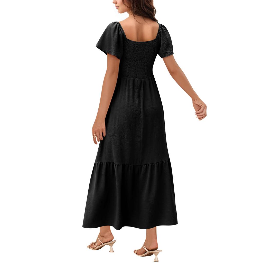 Abito Maxi Casual da Donna alla Moda Scollo Quadrato Maniche a Campana Abito con Volant e Tasche
