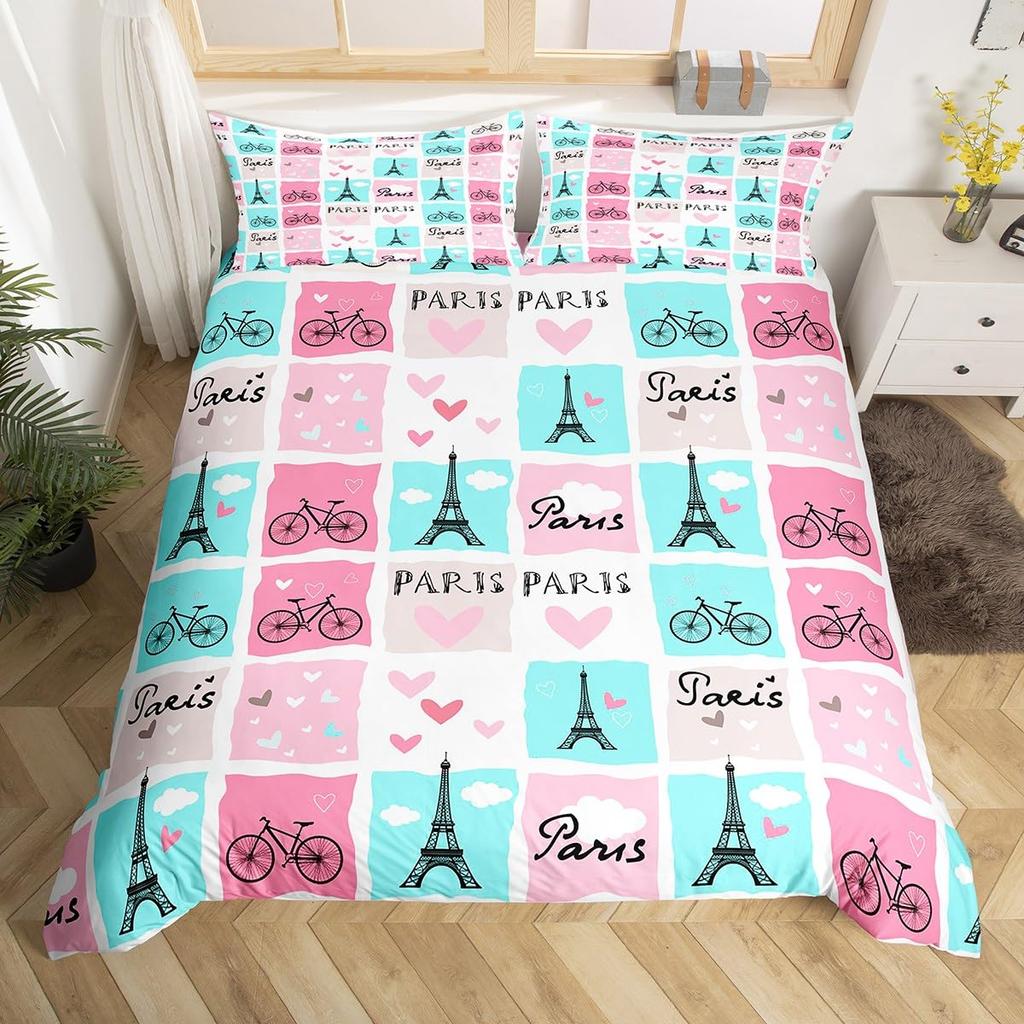 Eiffel Tower Bedding Set Twin Queen Pink Cherry Blossom Duvet Cover Romantic Theme Butterfly Print Comforter Cover for Girl Boys
