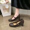 Soft Leather Block Heel Single Shoes Retro New Simple French Square Toe Shallow Mouth Strap Heels