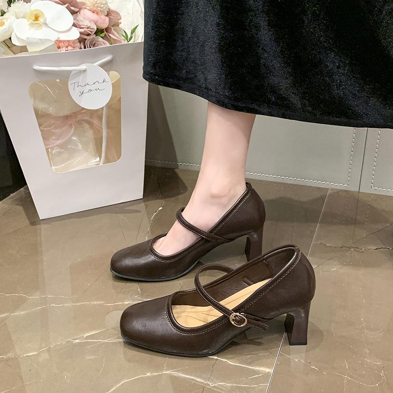Soft Leather Block Heel Single Shoes Retro New Simple French Square Toe Shallow Mouth Strap Heels