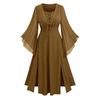 Women V Neck Long Sleeve Lace Up Maxi Dress with Split Hem and Flared Cuff Retro Style for Casual or Special Occasions