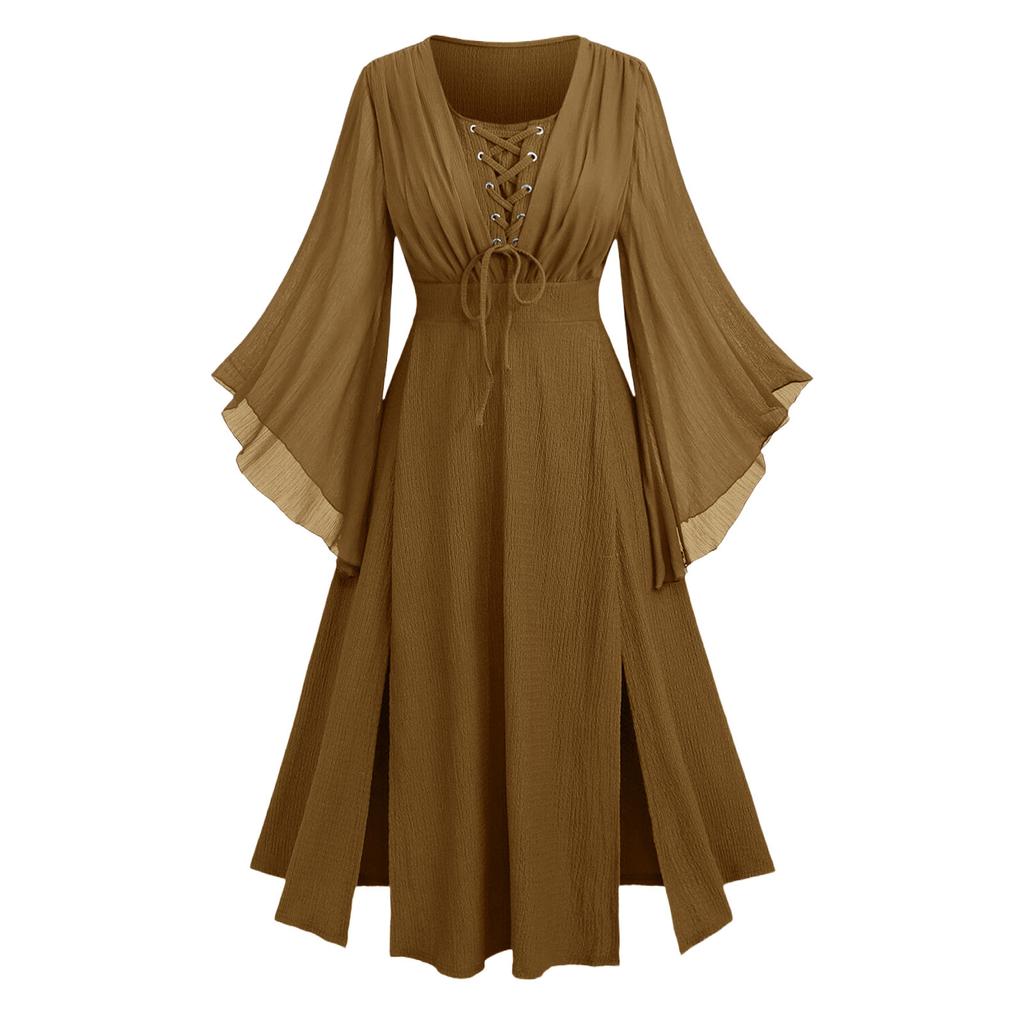 Women V Neck Long Sleeve Lace Up Maxi Dress with Split Hem and Flared Cuff Retro Style for Casual or Special Occasions