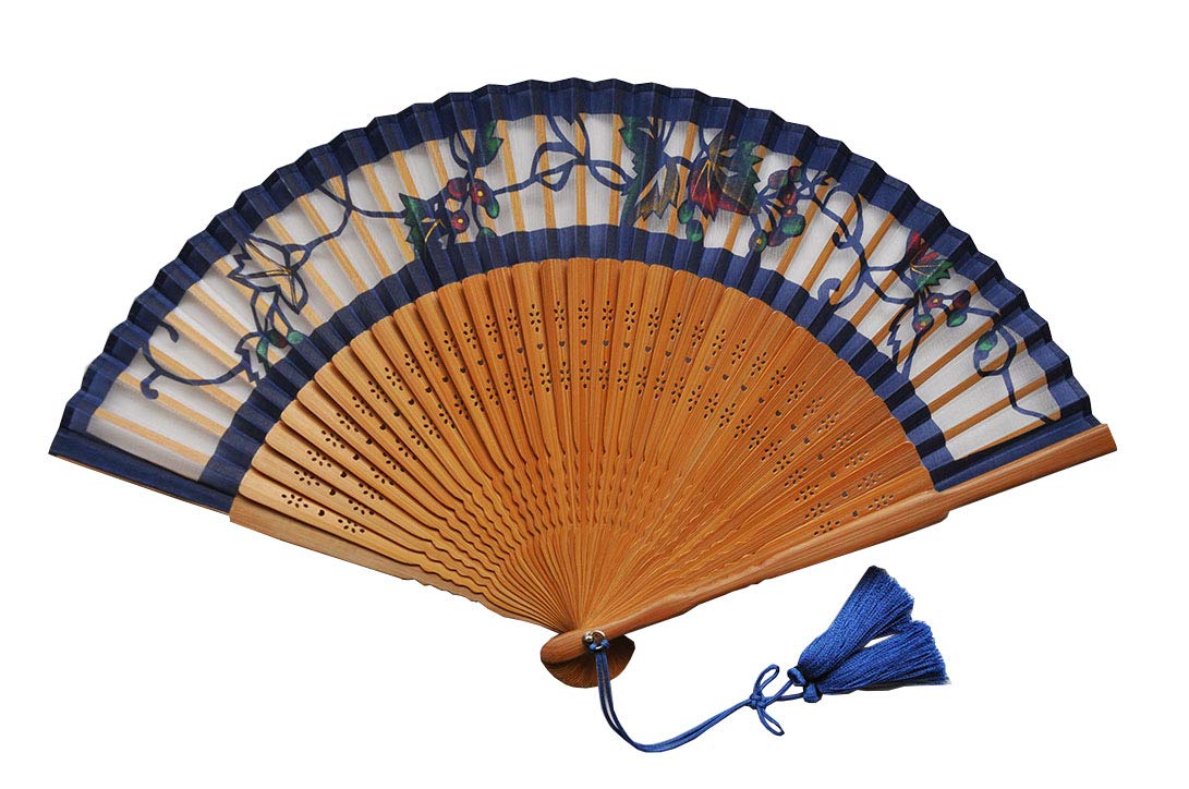 Женский шелковый веер, вырезка из бумаги, короткий веер, рисунок с виноградом, темно-синий