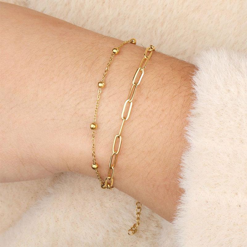 Hot-selling 4mm imitation pearl chain metal square bracelet 2-piece set women's double-layer simple hand jewelry
