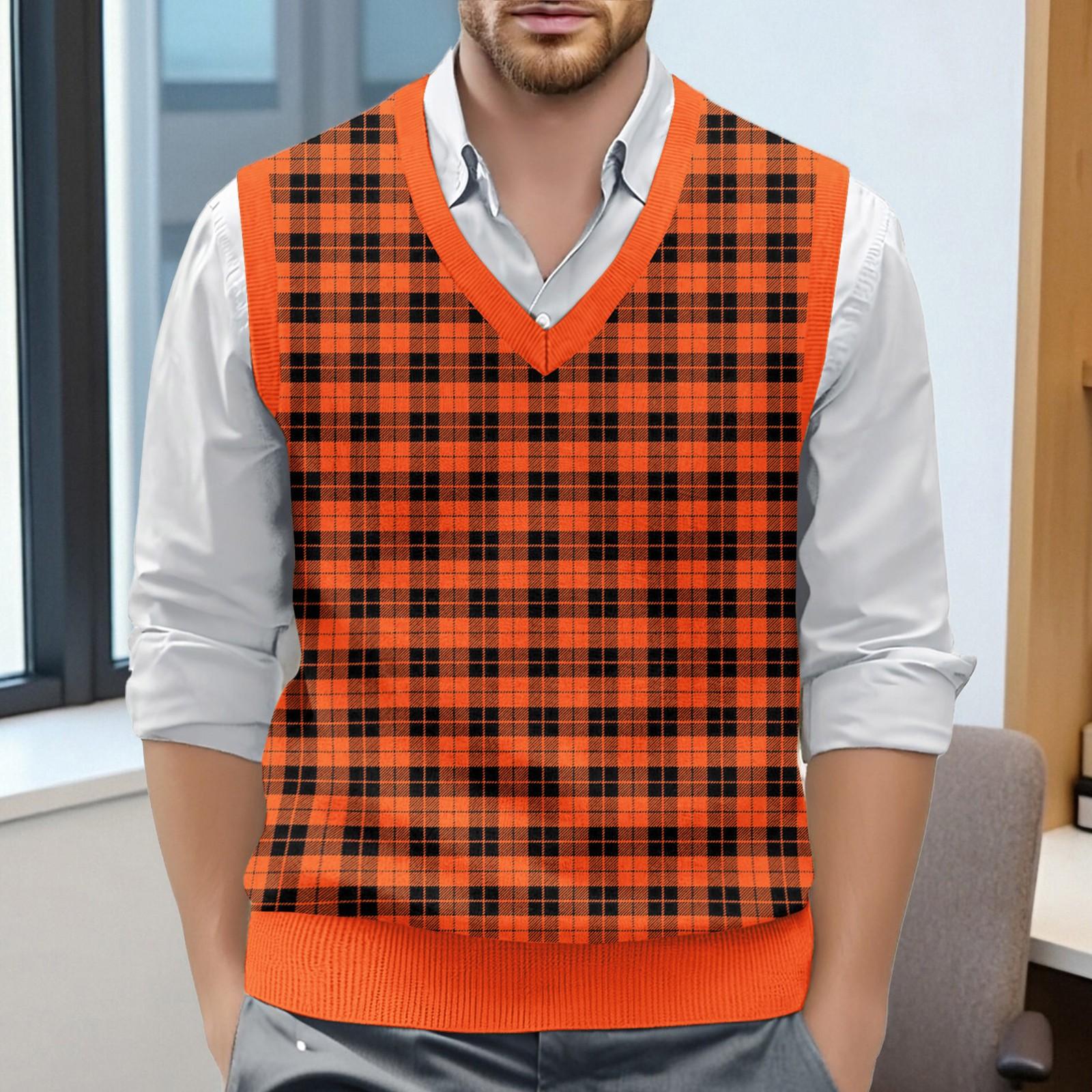 

Мужской жилет без рукавов с клетчатым принтом и V-образным вырезом, вязаный джемпер XXL