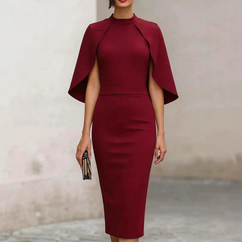 Women's Fashion Midi Dress Round Neck Short Sleeve Bodycon Pencil Dress with Cape Overlay Elegant Slim Fit Knee Length Dress