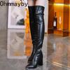 Winter Street Style Thick Heel Women Over-the-Knee Boots Fashion Metal Pointed Toe Stripper Party Stretch Slim Long Booties