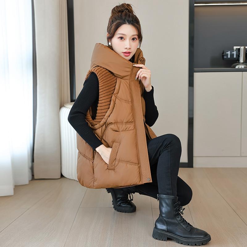 Autumn and Winter Down Cotton Jacket, Vest, Women's Hooded Vest, Camisole, Knitted Outerwear, Vest, Jacket