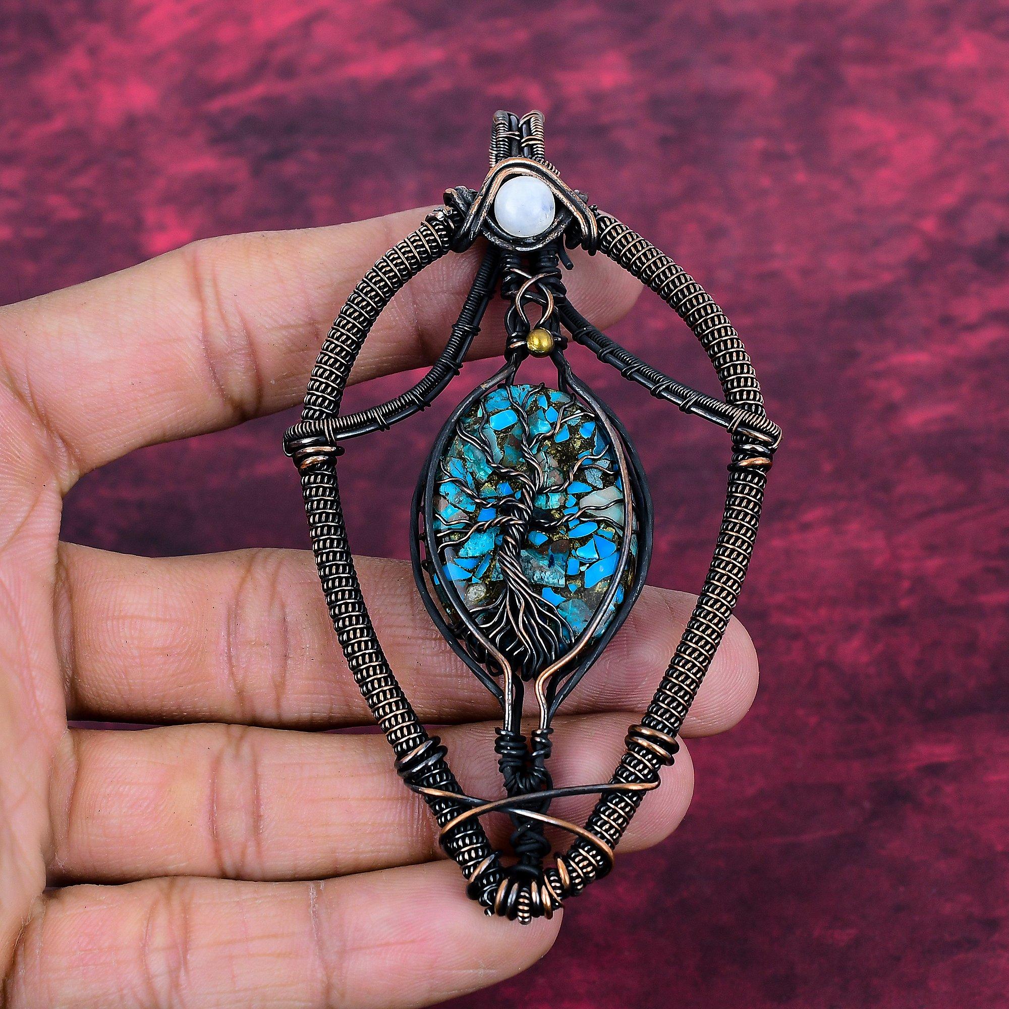 Tree Of Life Copper Chrysocolla Pendant Rainbow Moonstone Pendant Copper Wire Wrapped Jewelry