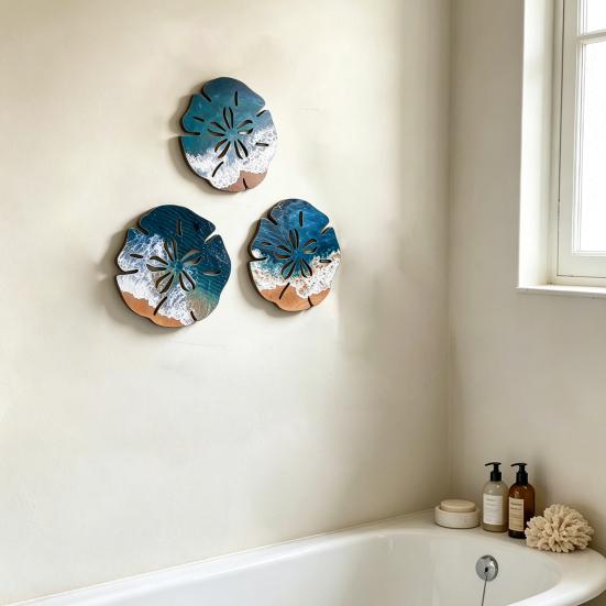 3 Pcs Summer Coastal Wall Decor, Beach Ocean Wave Wall Art, Rustic Wood Carving Nautical Ornament for Bedroom Home Decor