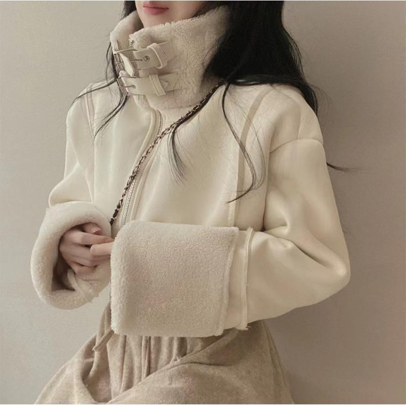 

Соль и сладость интегрированная короткая ретро дубленка из искусственной замши с длинными рукавами, завышенной талией, мотоциклетный костюм One Size молочный белый