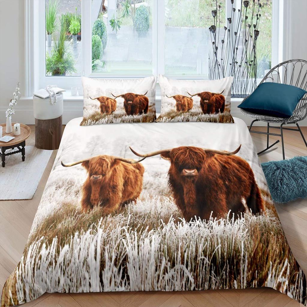 Highland Cow Duvet Cover King Sunflower Black Cattle Bedding Set Microfiber Farm Animal Cow Western Farmhouse Cattle Quilt Cover