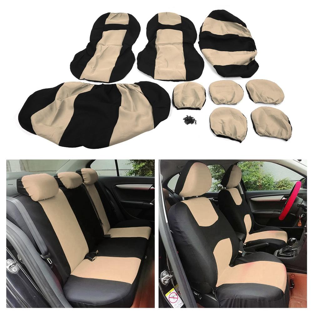 9pcs Auto Seat Cover Protector Set Breathable Dustproof Universal Accessory for 5Seats CarBeige