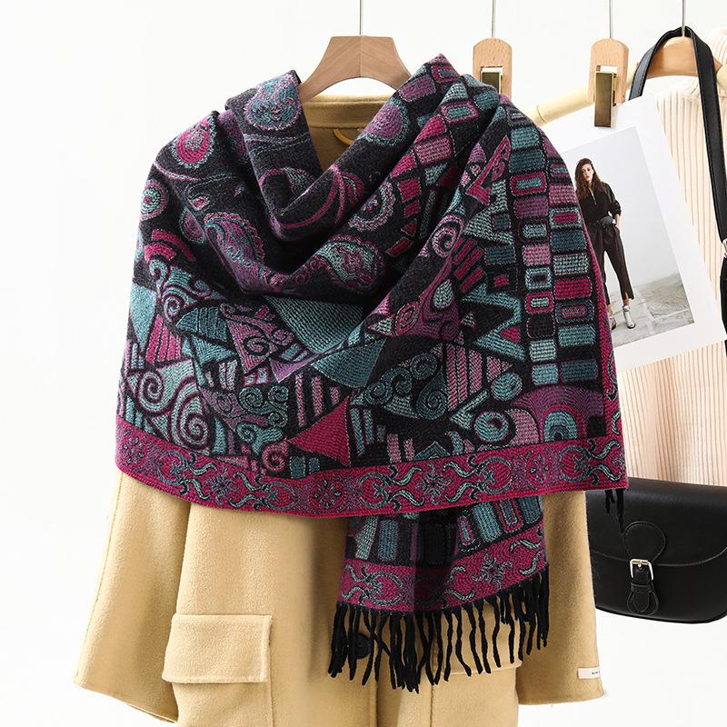 Jacquard Scarf Shawl with Decorative Imitation Cashmere Scarf for Women Winter High End New Style Thickened Ethnic Style Shawl