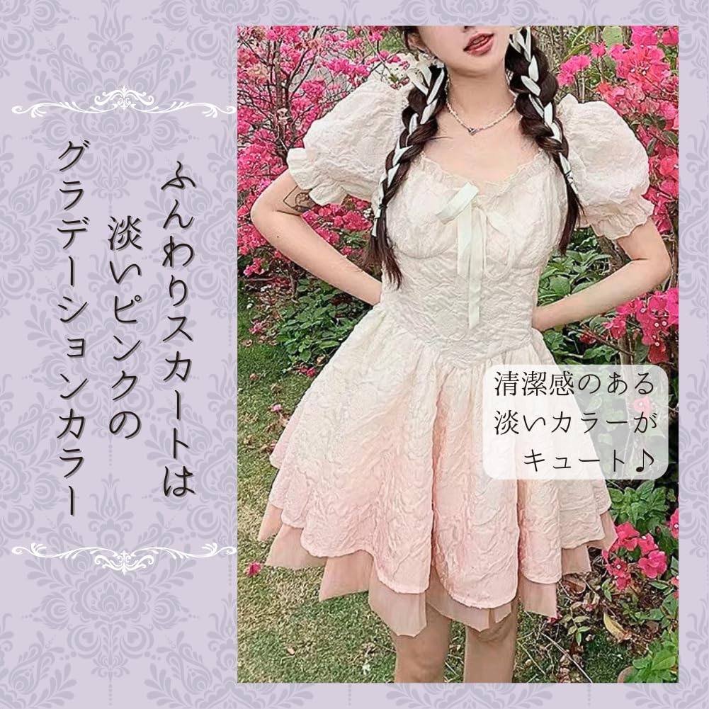 ALVEIN Lolita Minikleid mit Puff-Farbverlauf Cosplay Dienstmädchen Größe Damen Band, Rüschen, Ärmel, Druck, (Rosa, M)