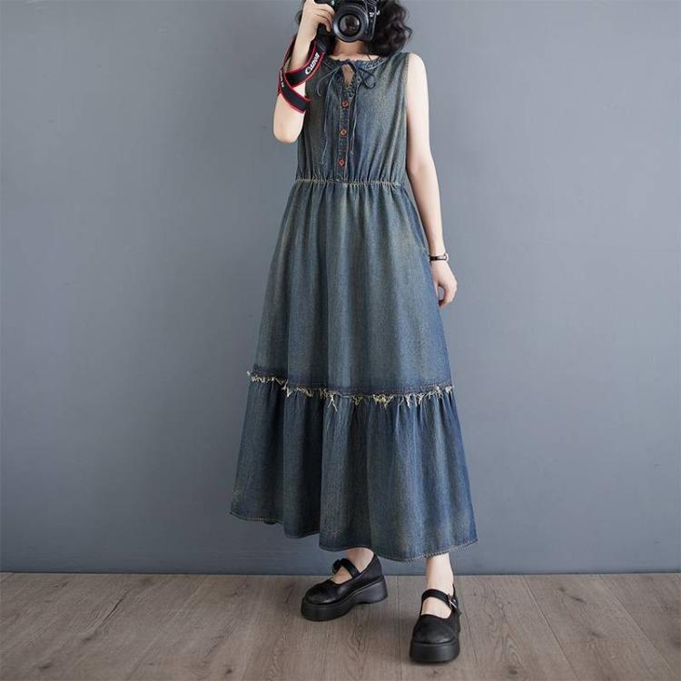 Oversized Summer Denim Dress Plus Size Women Sleeveless Vintage Long Casual Loose Pleated Dress