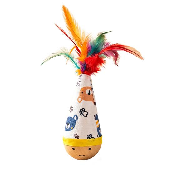 Wobble Cat Toy Wooden Base Self-Righting Wobble Feather Toy Interactive A