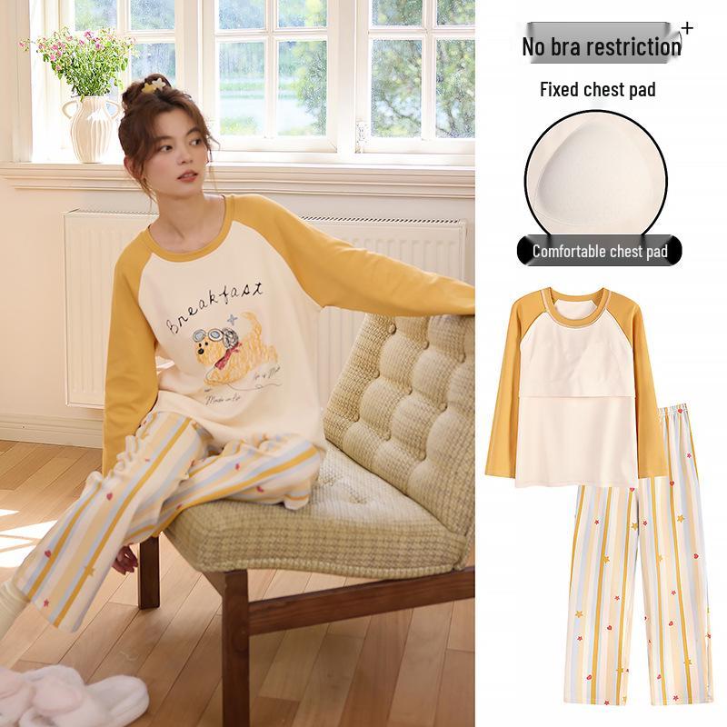 Women's Cloud Cotton Long-Sleeve Pajama Set with Chest Pads - Cute Cartoon Design for Autumn/Winter