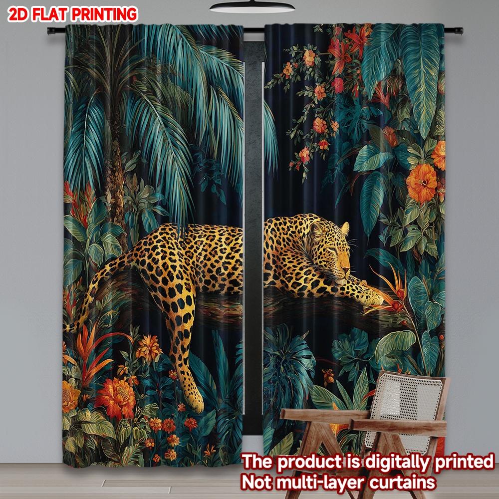 Set Of 2 Leopard Tree Curtains Digital Printing Realistic Animal Lush Green Jungle Flowers Single Layer Decor Modern Made Polyester