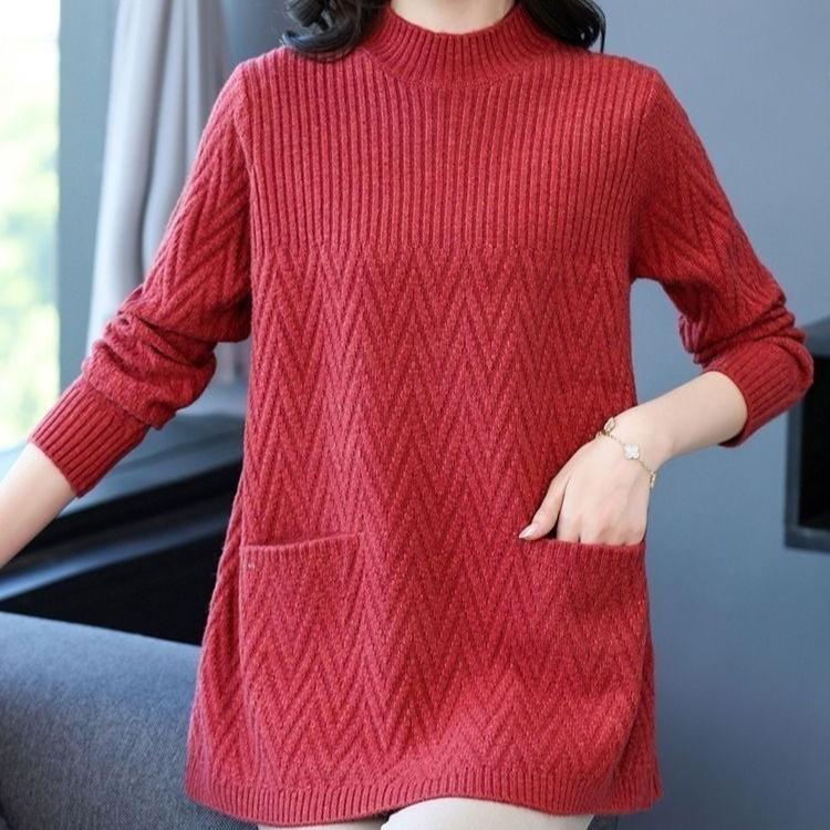 Loose Mid-length Sweater Women's Autumn and Winter Plus-size Casual Pullover Round-neck Solid-color Knitted Sweater