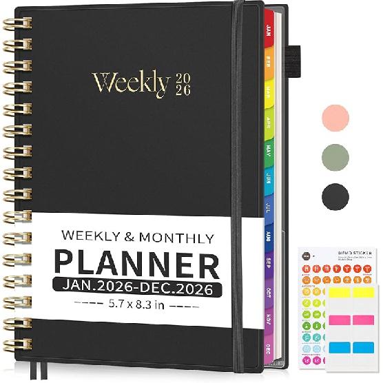 EMSHOI 2026 Planner Weekly and Monthly, Week on One Page with Notes, A5 (5.7"x8.3"), Jan-Dec 2026 Calendar Agenda with Monthly Tabs, Note Pages,