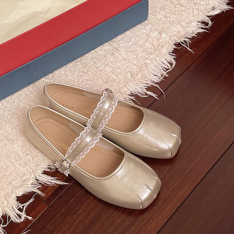 Lace Belt Shallow Mouth Versatile Ballet Mary Jane Shoes 2025 New Spring and Autumn French Square Head Flat Bottom Casual Shoes