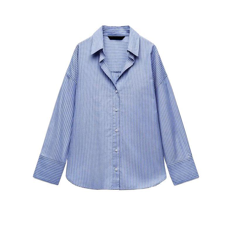 

Spring/Summer New Arrival French Style Boyfriend Style Temperament Wild Long Sleeves Polo Collar Stripes Oxford Shirt 8372390 Stripes L