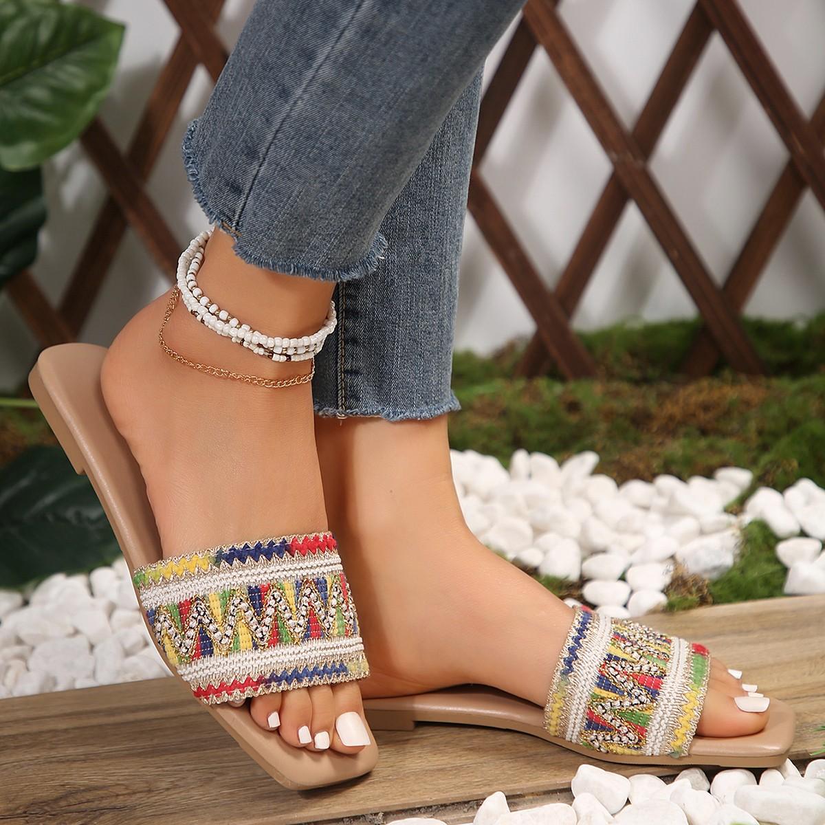 мода Модные цветные полосатые тапочки на плоской подошве летние босоножки с окантовкой — фото 4