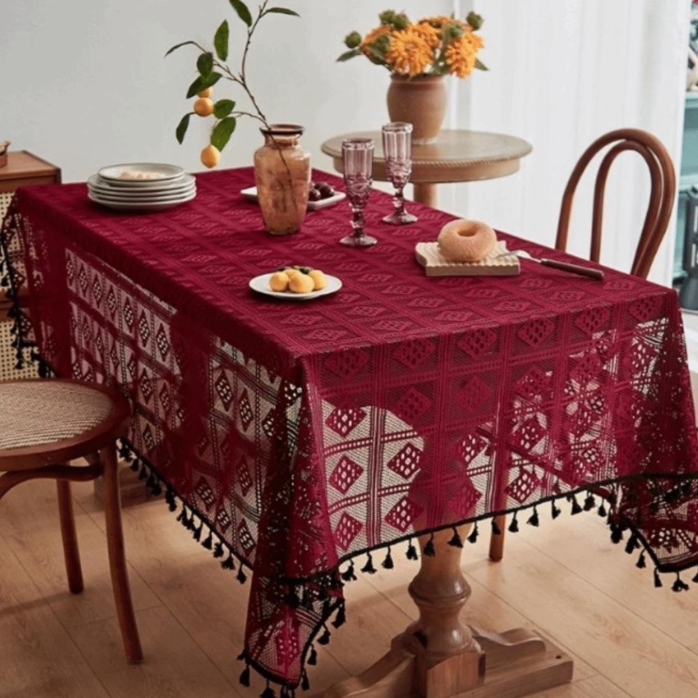 

Checkered Pattern Hollowed Out Tablecloth Dust-Resistant Lace Tablecloth Table Cover Cloth Wedding