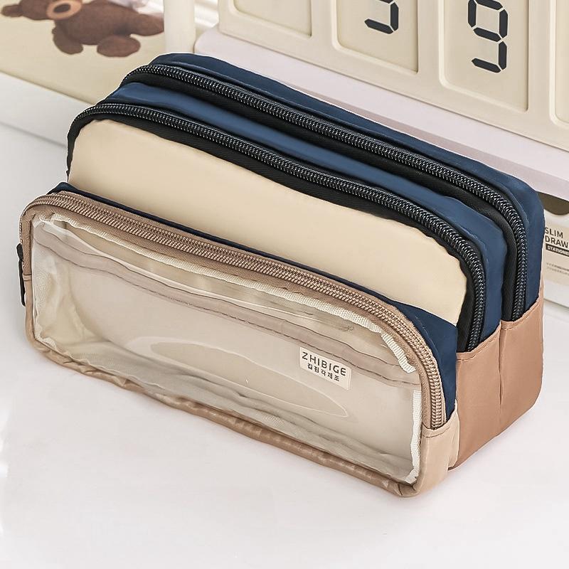 Cream Pencil Bag Pen Case Hitting Color Blocked Staged Type Transparent Front Pocket Storage Pouch for Stationery