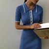 Women's Polo Collar Ribbed Knit Dress with Pearl Buttons and White Trim In Blue and Beige