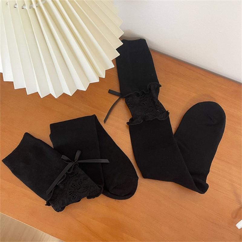 Women Lace Patchwork Calf Sock Knee Length Socks Lacing Up Knee Sock Fashion Mesh Knee Stockings Sexy Mesh Calf Socks