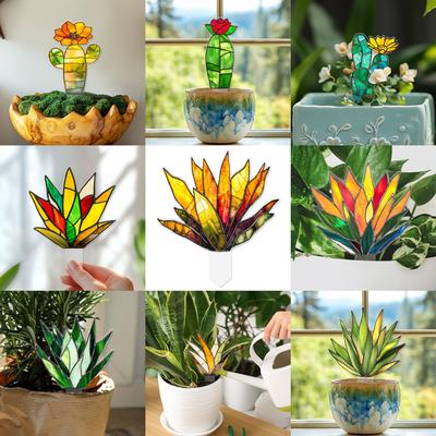 Plant Stained Glass Mushroom Cactus Glass Decor Flower Suncatcher Desk Windowsill Shelf Decor Plant Lover Gifts for Mom Teacher